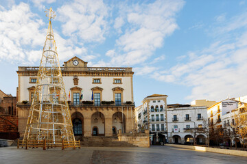Town Hall with Christmas Tree on Main Square of Caceres