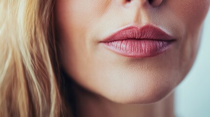 Fototapeta premium Close-up of female caucasian young adult's lips and hair. Cosmetic and Medical Injectables. Beauty injection, Anti-Wrinkle. Menopause Skin Care