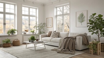 Fototapeta premium Minimalist living room with Scandinavian furniture, soft neutral colors, large windows letting in natural light, cozy throws on the sofa, plants around the room. Ultra-detailed, photorealistic 8K.