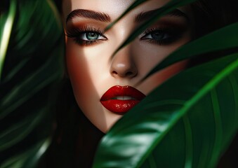 A close-up of the face of an attractive woman with blue eyes and red lipstick, surrounded by lush green leaves