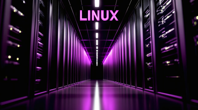 A futuristic server room with the word "LINUX" glowing in purple, representing robust and reliable technology solutions abstract ideal for tech or IT company branding