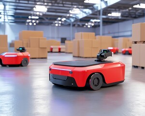 Fototapeta premium Automatic forklifts and robots move boxes efficiently in smart warehouses. realism enhances the sense of advanced technology and efficiency. Ideal for ads, smart logistics, or Industry 4.0 articles.