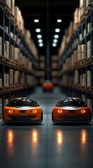 Obraz premium Automatic forklifts and robots move boxes efficiently in smart warehouses. realism enhances the sense of advanced technology and efficiency. Ideal for ads, smart logistics, or Industry 4.0 articles.