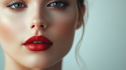 Fototapeta premium Portrait of caucasian young female with red lips and blue eyes. Cosmetic and Medical Injectables. Beauty injection, Anti-Wrinkle