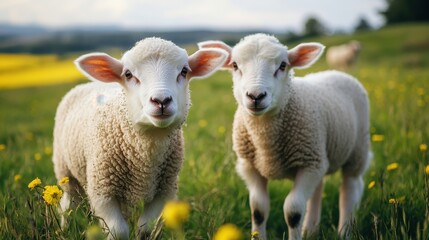 Cute lambs in a lush green meadow with flowers