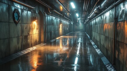 Fototapeta premium Wet industrial corridor, facility interior, pipes, lights, mystery, film background