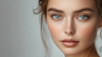 Naklejka premium Close-up of young caucasian female with natural makeup and blue eyes. Cosmetic and Medical Injectables. Beauty injection, Anti-Wrinkle