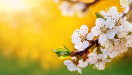Obraz premium beautiful blooming spring apricot branch on yellow and green background outdoor photo with copy space tender white flowers natural positive background with place for text