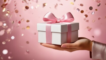 Obraz premium a hand presents a white gift box adorned with a pink ribbon against a soft pink background with sparkling confetti