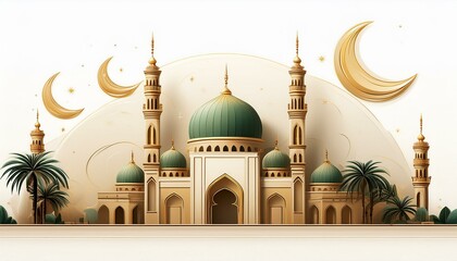 islamic architecture illustration with domed buildings crescent moon and palm trees on a white background