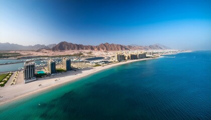 aerial view of fujairah coastline with beach hotels lining the shore and the clear sea uae