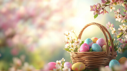 Easter basket with colorful eggs and spring flowers on a table, close-up view, blurred background of a garden or blooming tree in pastel colors