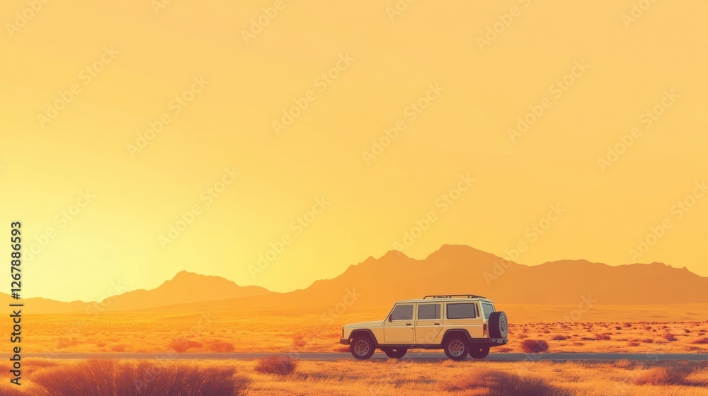 Poster Driving through a warm desert landscape with mountains in the background during sunset. Generative AI