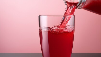red juice being poured into a clear glass with a minimalist pastel background the image focuses on freshness health and hydration with copy space for design