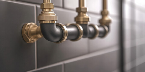 Angled convex pipe fixture mounted on a dark tiled wall, showcasing a sleek industrial aesthetic and functional plumbing design