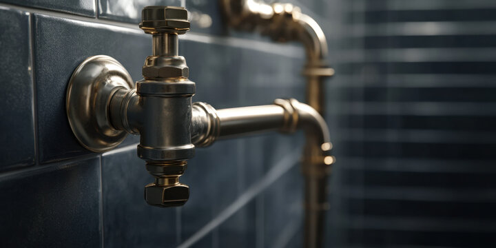 An angled convex pipe is securely attached to a dark tiled wall, highlighting modern plumbing and construction techniques