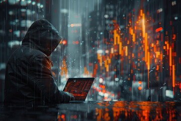 Mysterious hacker in hoodie and leather jacket analyzing forex trading chart in dark setting