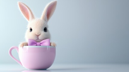 Adorable Rabbit in Cup with Purple Bowtie on Soft Blue Background