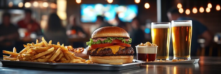 Juicy Cheeseburger with Crispy Fries and Cold Beer in a Lively Pub Setting