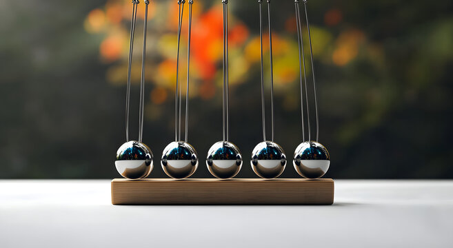 Newton's cradle, physics and motion with metal balls for science, concept and inertia. Balance, momentum and object for education, movement and kinetic energy for study or experiment