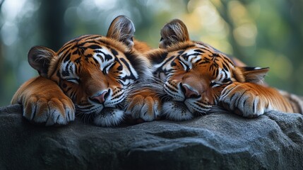 Obraz premium lazy tiger and lion resting side by side on a rock in the zoo, sleepy wild cats relaxing in the wilderness, majestic animals enjoying a peaceful and quiet moment