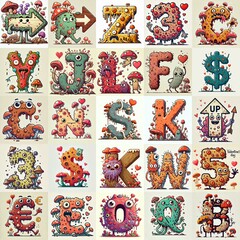 Obraz premium Cartoon Fungus Monster Lettering Typeface. Love concept. AI generated illustration