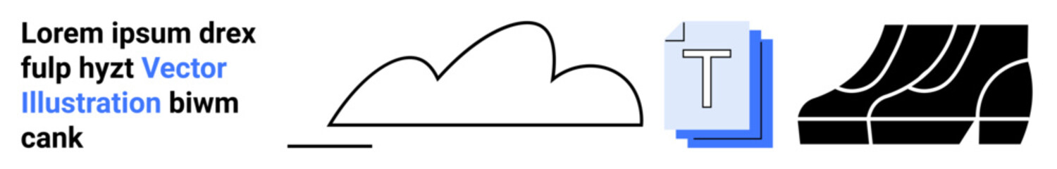 Cloud outline, stylized text element, and bold geometric shapes in contrasting black and white. Ideal for web design, branding, creativity, minimalism, abstract concepts, typography flat landing