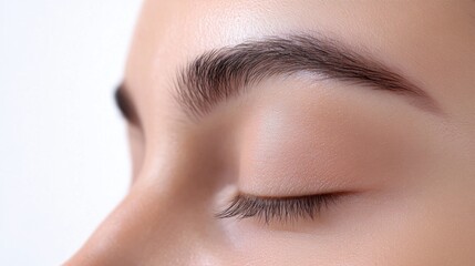 Close-up of female eye with smooth skin and natural eyebrow. Cosmetic and Medical Injectables. Beauty injection, Anti-Wrinkle
