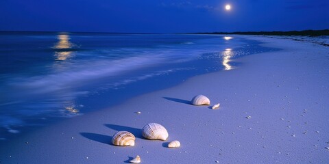 Serene Night Beach Scene with Shells and Moonlight Reflection