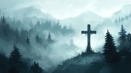 Obraz premium A misty morning scene with a towering cross emerging from the fog, symbolizing faith and mystery.