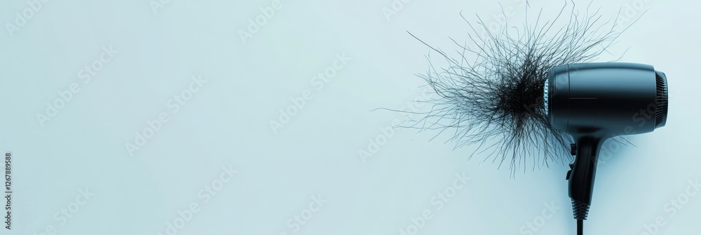 Poster Hair dryer with tangled hair strands on a light blue background in a modern setting showcasing messy styling aftermath. Generative AI