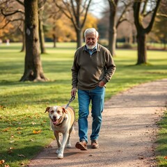 hombre tercera edad abuelo paseando perro mascota