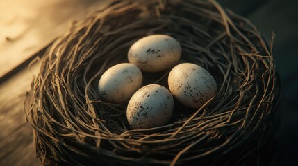 Bird's nest with eggs on a wooden background. Close-up.