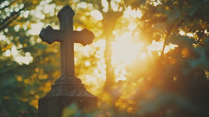 A silhouette of a cross at sunset, with warm light surrounding it, symbolizing hope and salvation.