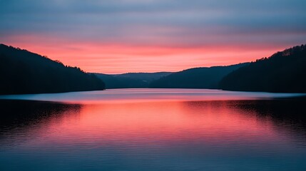 Fototapeta premium Serene Sunset Over Calm Lake And Hills