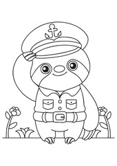 Coloring book sloth in a sailor uniform, ready for adventure. Perfect for kids creative
