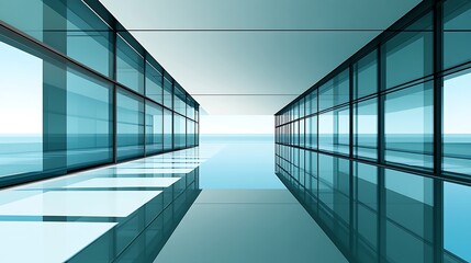 Fototapeta premium Modern Glass Building Corridor Ocean View