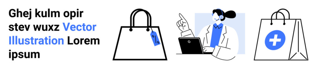 Businesswoman engaging in online consultation using a laptop, accompanied by retail shopping bags and a health cross symbol. Ideal for retail, e-commerce, medicine, technology, consulting, marketing