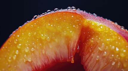 Juicy half of a peach fruit on a black background, close-up. Macro.