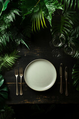 Wooden table with a plate, fork, knife, and spoon on it