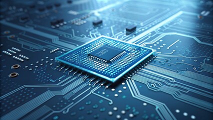 A close-up of a microprocessor on a circuit board, showcasing intricate connections and a futuristic blue design.