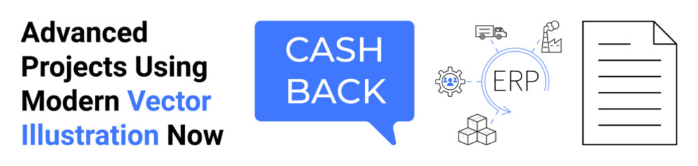 Cashback badge, ERP process flow, logistics icons, and document outline represent finance, automation, logistics, and analytics. Ideal for fintech, ERP tools commerce logistics management tech