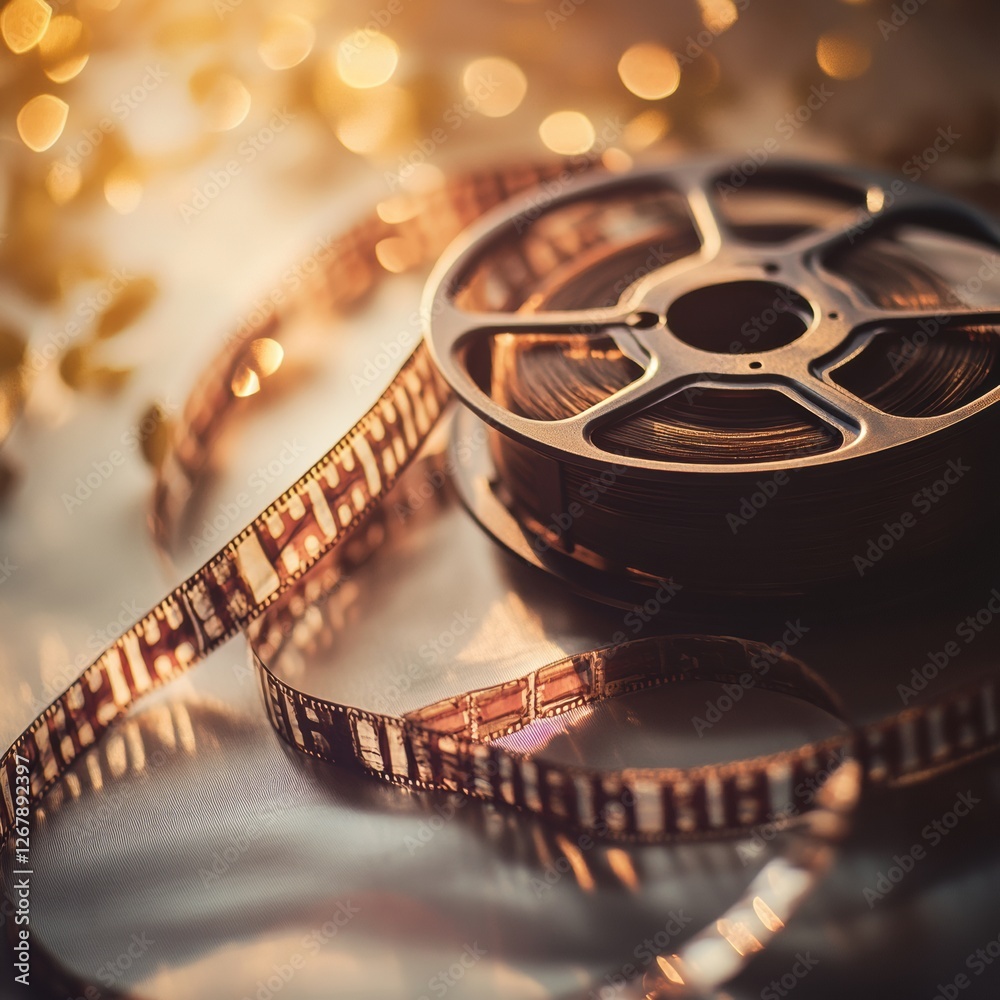 Aufkleber vintage film reels and tape captured in a warm, nostalgic setting with space for personalized text t