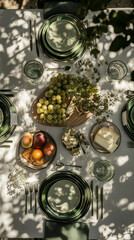 Table with a green tablecloth and a variety of fruits and vegetables