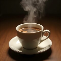 Aromatic Steaming Cup of Coffee on Wooden Table