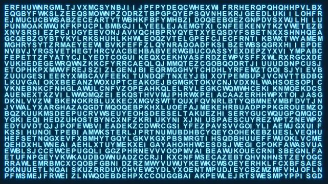 Randomly animated matrix array of alphabet letters changing rapidly. Background or video screen overlay layer effect for code, programming and technology related projects to add digital data effect. 