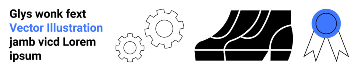 Two gear wheels, black shoes, and a blue ribbon symbolizing innovation, collaboration, professionalism, success, recognition, leadership and efficiency. Ideal for business team goals motivation