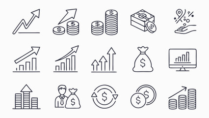 Financial profit set of web icons in line style. Money income linear icon collection. Containing money savings, finance, growth, investment, payment, earnings, management and more. Editable stroke