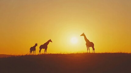 Silhouetted giraffes at sunset with vibrant orange sky and vast horizon. Generative AI