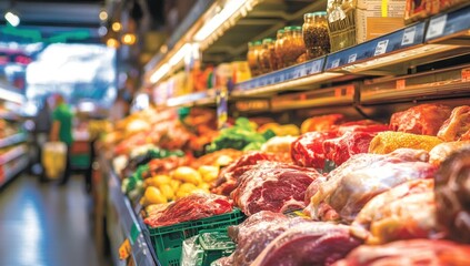 Fototapeta premium Wystawa w sklepie mięsnym: Żywa ekspozycja świeżego mięsa i produktów
